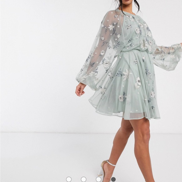 asos edition floral beaded mesh dress with balloon sleeve ASOS EDITION floral embroidered mesh midi dress with blouson sleeves in  lemon